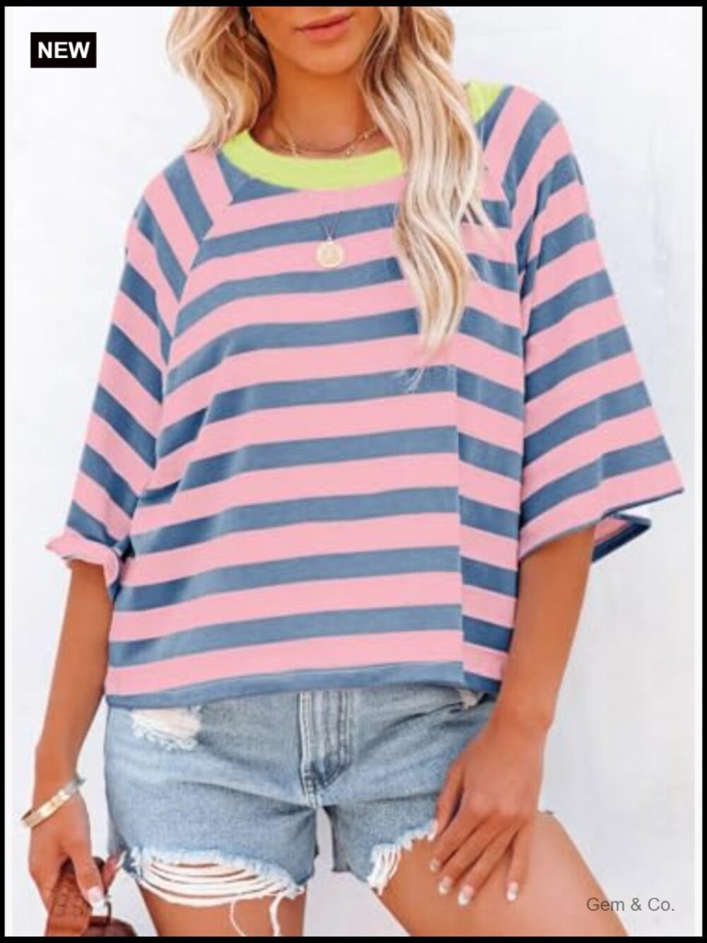 Striped Loose Fit V-Neck T-Shirt Short Sleeve Essential Top - Picture 3 of 6